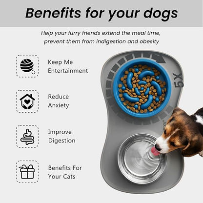 Slow Feeder Dog Bowls Stainless Steel Food and Water Bowl Set 3 in 1 No Spill Waterproof Silicone Pet Food Mat Puppy Feeding Station for Large Medium Small Breed Non Slip Metal Dish Tray by YINEYA