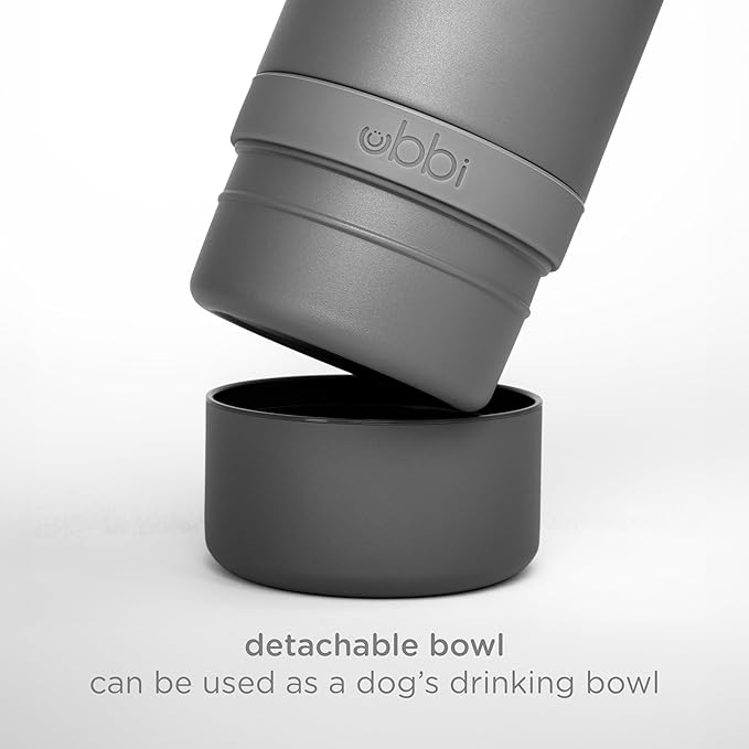 Ubbi Pup & Me Insulated Stainless Steel Dog Water Bottle with Attached Bowl, 32 oz Portable Leakproof Travel Bottle for Dogs and Owners, Charcoal Gray