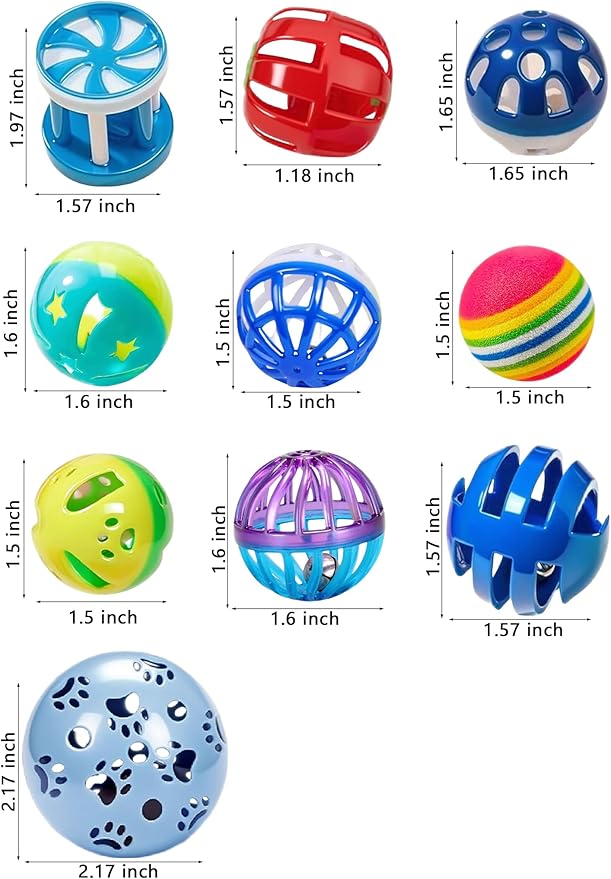 10 Cat Toys Indoor Bored Kitten, Colorful Bell Balls for All Ages Sizes, Interactive Solo Play Non-Toxic Lightweight Cat Balls (1.5'' - 2.2'')