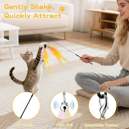 Pawaboo Feather Teaser Cat Toy, Interactive Feather Wand Cats Toy Flying Feathers Cat Catcher with Extra Long 34.5" Wand and Small Bell, Exerciser Playing Toys for Kitten or Cats, Pink+White+Yellow