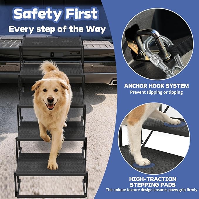 Dog Steps for Car, Truck, SUV, Dog Stairs for Car with Upgraded Non-Slip Surface, Foldable Dog Ramp for Car, Pet Stairs for Large Dogs, 5 Steps