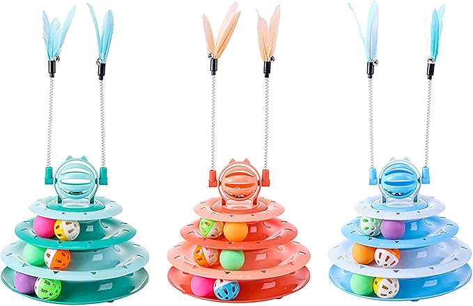 Vealind Cat Toy Roller 4-Level Turntable Cat Toys Balls with 14 Pcs Colorful Pom Pom Balls Interactive Fun Mental Physical Exercise Puzzle Kitten Toys (Green)