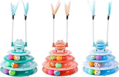 Vealind Cat Toy Roller 4-Level Turntable Cat Toys Balls with 14 Pcs Colorful Pom Pom Balls Interactive Fun Mental Physical Exercise Puzzle Kitten Toys (Green)