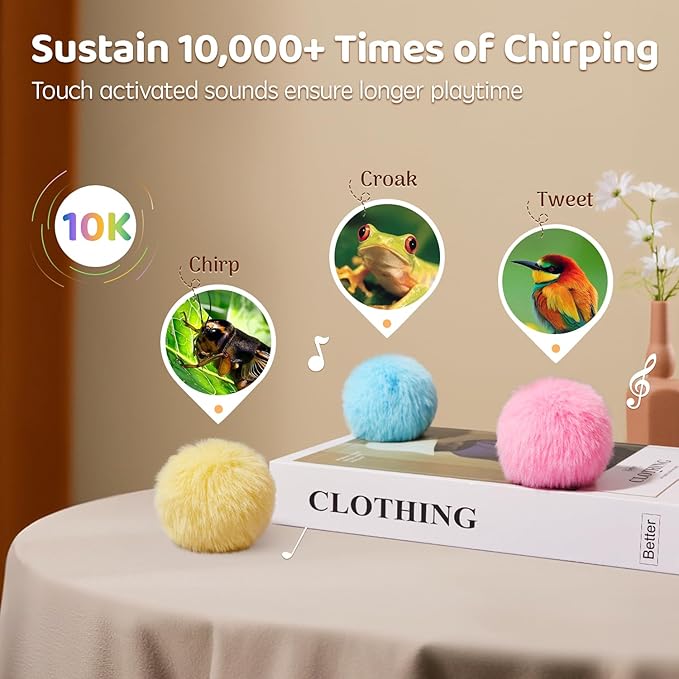 Potaroma Chirping Cat Toys Balls with SilverVine Catnip, Upgraded, 3 Pack Fluffy Interactive Cat Kicker, 3 Lifelike Animal Sounds, Kitty Kitten Catnip Exercise Toys