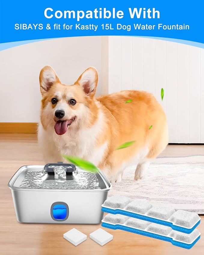 8 Set Dog Water Filter Replacement Compatible with SIBAYS & Compatible with Kastty 15L/4Gal, Dog Water Fountain Filter, Multilayer Filtration System 8Pre-Filter+8 Filters+8 Sponges