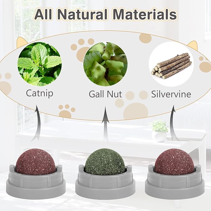 3 Pack Catnip Balls, Catnip Ball for Cats Wall, Edible Kitty Toys for Cats Lick, Safe Healthy Kitten Chew Toys, Teeth Cleaning Dental Cat Toys, Cat Wall Treats (1, Grey)
