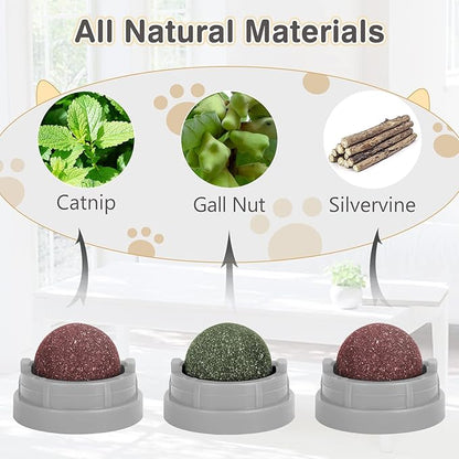3 Pack Catnip Balls, Catnip Ball for Cats Wall, Edible Kitty Toys for Cats Lick, Safe Healthy Kitten Chew Toys, Teeth Cleaning Dental Cat Toys, Cat Wall Treats (1, Grey)