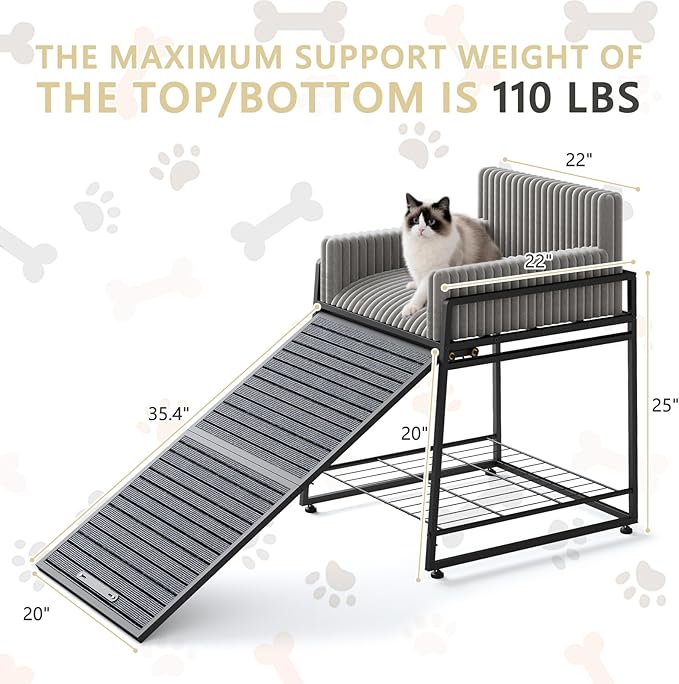 Pet Stairs Ramp with Seat,Dog Window Perch with Stairs and Storage,Dog Seat with Ramp Steps,Folding Pet Ramp for Dogs Cats,Bunk Bed Chair with Sofa Cushion for Bed Couch Office,Hold Up to 110 lbs