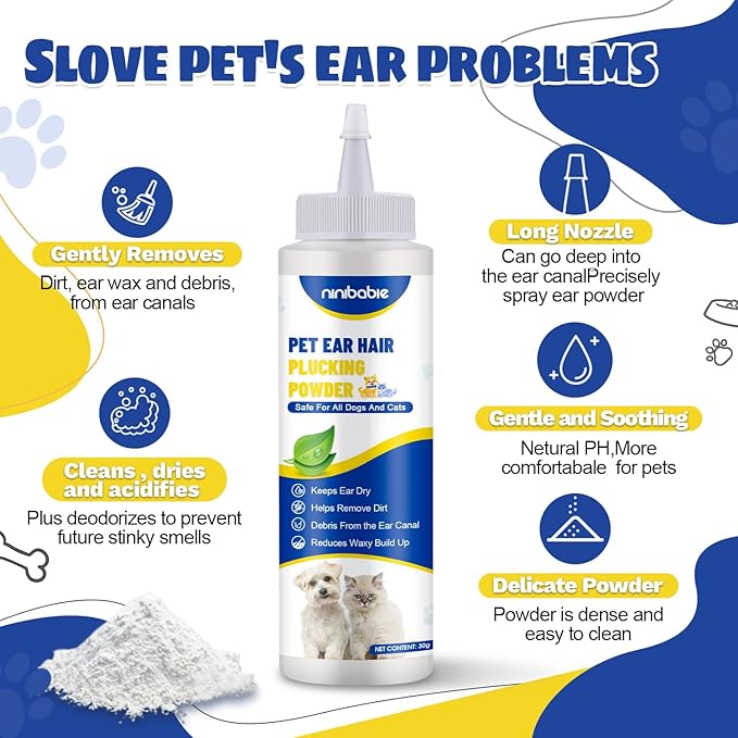 Updated Dog Ear Powder for Hair Removal,Ear Powder for Dogs Plucking with 5.5inch Hemostat Locking Forceps Curved, Removing Earwax and Odor
