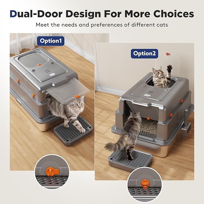 FURTIME XXXL Extra Large Stainless Steel Litter Box with Lid, Large Enclosed Cat Litter Box for Big Cats, Metal Cat Box with High Sided Enclosure & Scoop, Grey