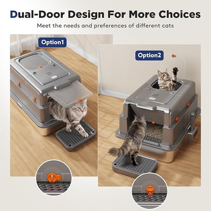 FURTIME XXXL Extra Large Stainless Steel Litter Box with Lid, Large Enclosed Cat Litter Box for Big Cats, Metal Cat Box with High Sided Enclosure & Scoop, Grey