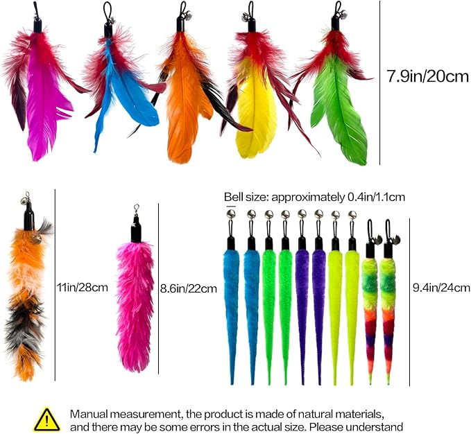 AcceLeah Cat Toy Replacement Feathers Cat Toy Wand Refills, Natural Bird Feathers Dragonfly Worm Refill, Cat Feather Toy Replacement for Cat Wand (17 Pcs (No Eyes))