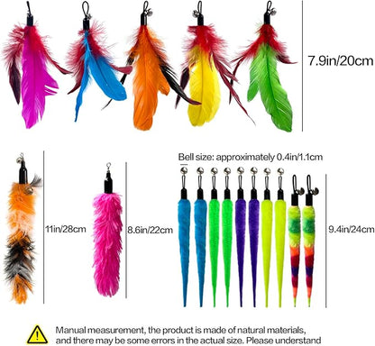 AcceLeah Cat Toy Replacement Feathers Cat Toy Wand Refills, Natural Bird Feathers Dragonfly Worm Refill, Cat Feather Toy Replacement for Cat Wand (17 Pcs (No Eyes))