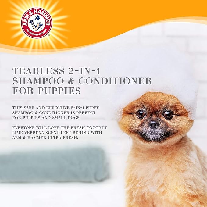 Arm & Hammer Ultra Fresh Tearless Puppy Shampoo and Conditioner 2 in 1 with Baking Soda Deodorizer, Gentle Pet Wash for Odor Control, Puppy Bath, Coconut & Lime Verbena Scent, 16 Fl Oz - 2 Pack