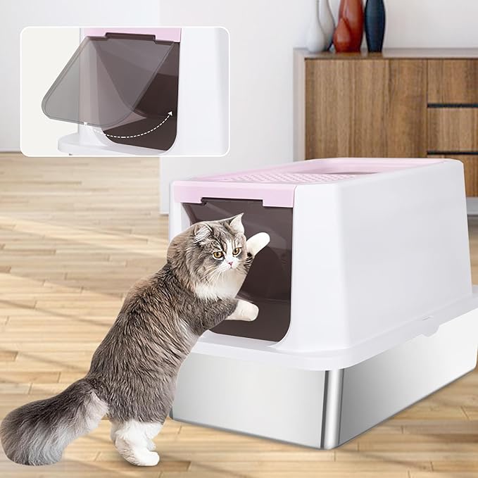 RIZZARI Enclosed Cat Litter Box: Extra Large Pink Litter Pan with Top Exit & Anti-Leak Design - Teflon Non-Stick Coating Stainless Steel Cleaning - Odor-Control in Garage Utility Room