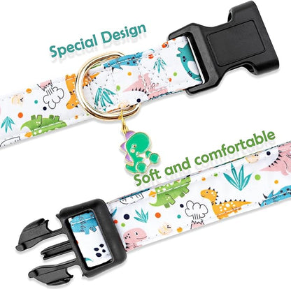 Faygarsle White Dinosaurs Print Cotton Dog Collar for Small, Medium, Large Boys Girls Dogs S