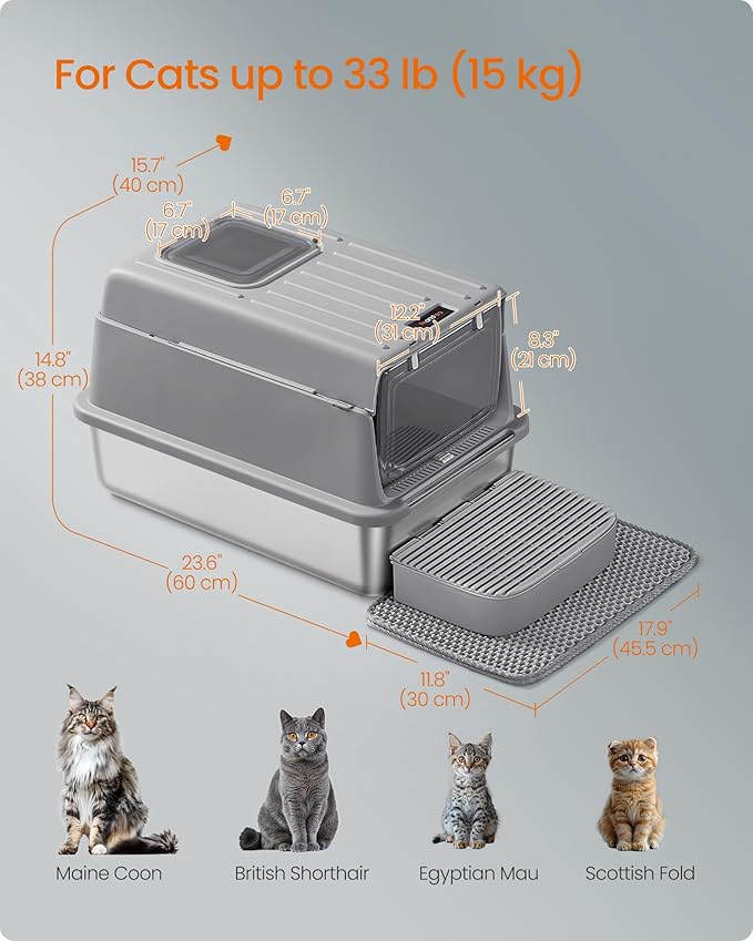 Feandrea Stainless Steel Cat Litter Box with Flip Lid, Litter Catcher Mat and Box, 2 Doors, Scoop, for Cats up to 33 lb, Dove Gray UPPT007GN01