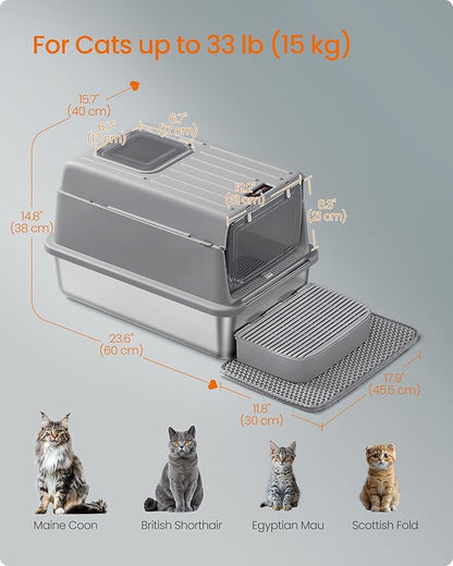 Feandrea Stainless Steel Cat Litter Box with Flip Lid, Litter Catcher Mat and Box, 2 Doors, Scoop, for Cats up to 33 lb, Dove Gray UPPT007GN01