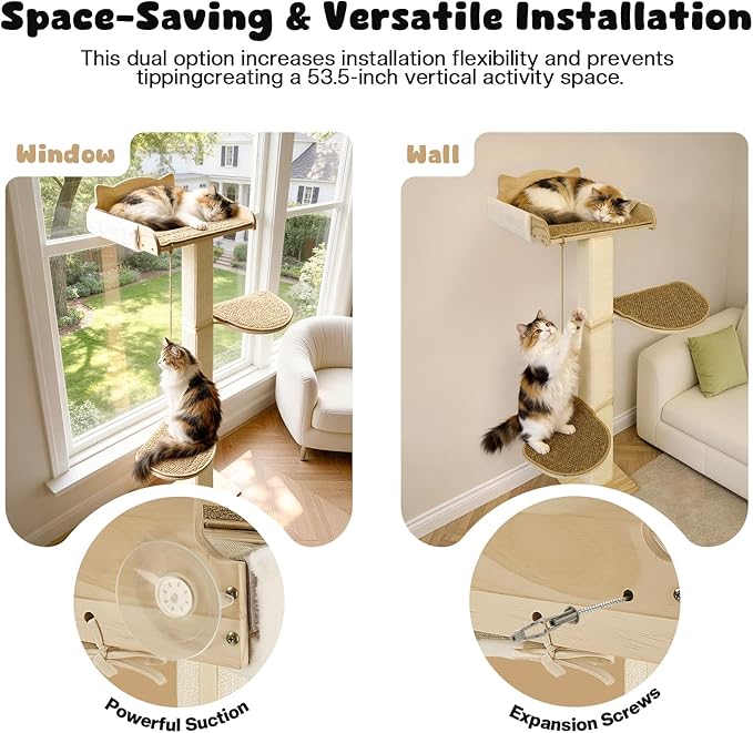 Solid Wood Cat Window Perch with 2 Jumping Platforms, Cat Hammock for Window with Scratching Post, Sisal Tall Cats Scratching Post with Large Perch, Wooden Cats Window Bed with 2 Suction Cups