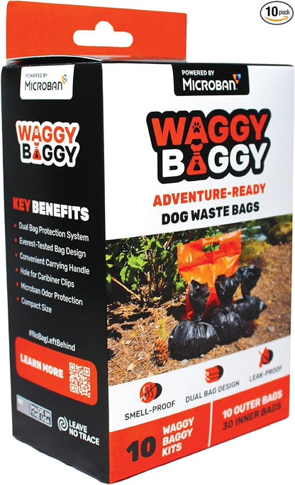 Cleanwaste Waggy Baggy, Adventure Ready Dog Waste Bags with Smell-Proof, Dual Bag System, with Convenient Carry Handle, 10ct