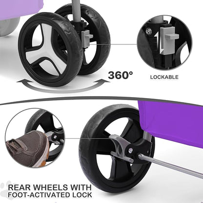 MoNiBloom 3 Wheels Pet Dog Cat Stroller for Small Medium Dogs Cats, Lightweight Foldable Jogger Stroller w/Storage Basket and Cup Holder, Purple