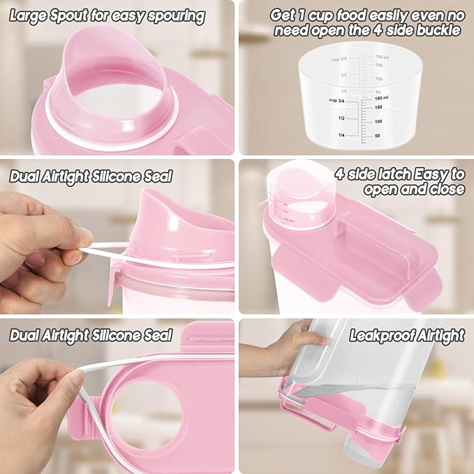 5-7Lbs Dog Cat Food Storage Container with Upgraded Large Nozzle BPA-free, 4 Snap Seals Plastic Pet Food Storage Containers with Handles (Light Pink, 5L-1pack)