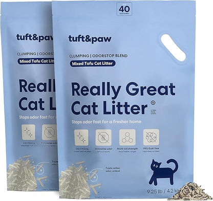 Tuft & Paw Really Great Cat Litter OdorStop, Low Tracking Mixed Tofu Cat Litter, Clumping, Multi-cat, Odor Control, Dust-Free - 9.25lbs x 2Bags (OdorStop)
