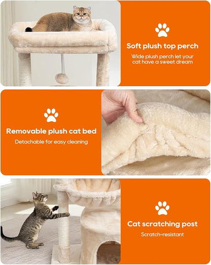 SYANDLVY Small Cat Tree for Indoor Cats, Kittens Condo with Scratching Post and Board, Modern Activity Tower with Cradle, Beige