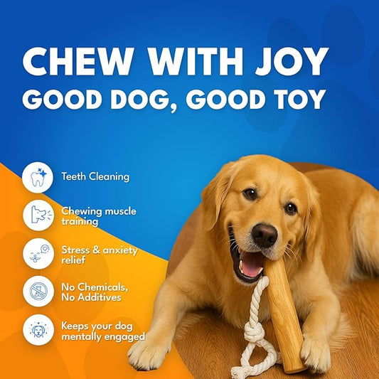 Coffee Wood Dog Chew Toy with Rope for Medium Dogs, Natural Wood Stick for Light to Moderate Chewers, Safe & Long Lasting Chew Toy for Dental Care, Tug Play & Boredom Relief (M - Under 50lbs)