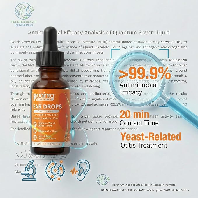 Dog Ear Cleaner, Natural Dog Ear Drops and Infection Treatment, Quantum Silver Dog Ear Cleaning Solution for Itching, Irritation & Wax Build-Up,1oz