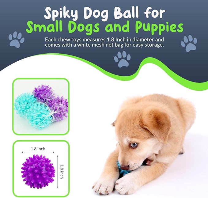 Spiky Dog Ball 1.8 Inch Squeaky Toy for Small Dogs Aggressive Chewers Puppy Teething Toys Dog Spike Ball for Training and Teeth Cleaning - 4 Pack