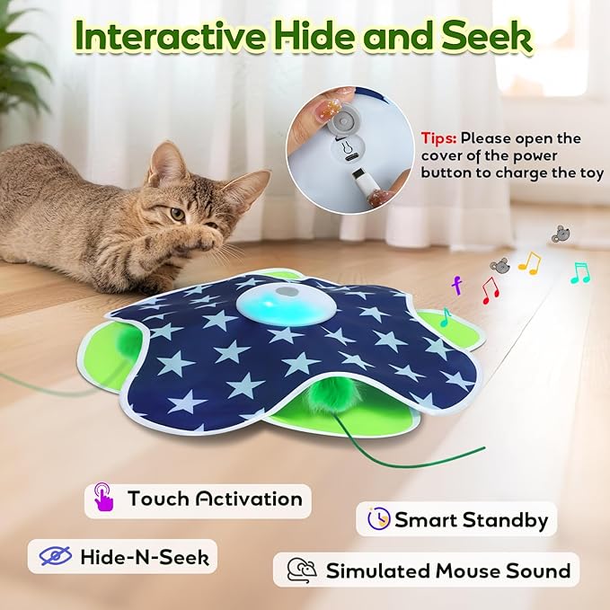 Interactive Cat Toys with Moving Feather Concealed in Mat, Motion Activated, Mouse Squeaky, Rechargeable Cat Exercise Toys for Bored Cats