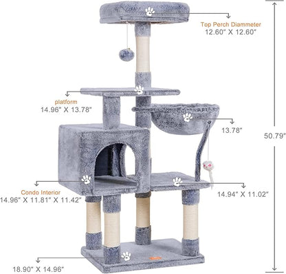 Heybly Cat Tree with Toy, Cat Tower Condo for Indoor Cats, Cat House with Padded Plush Perch, Cozy Hammock and Sisal Scratching Posts, Pewter HCT004PE