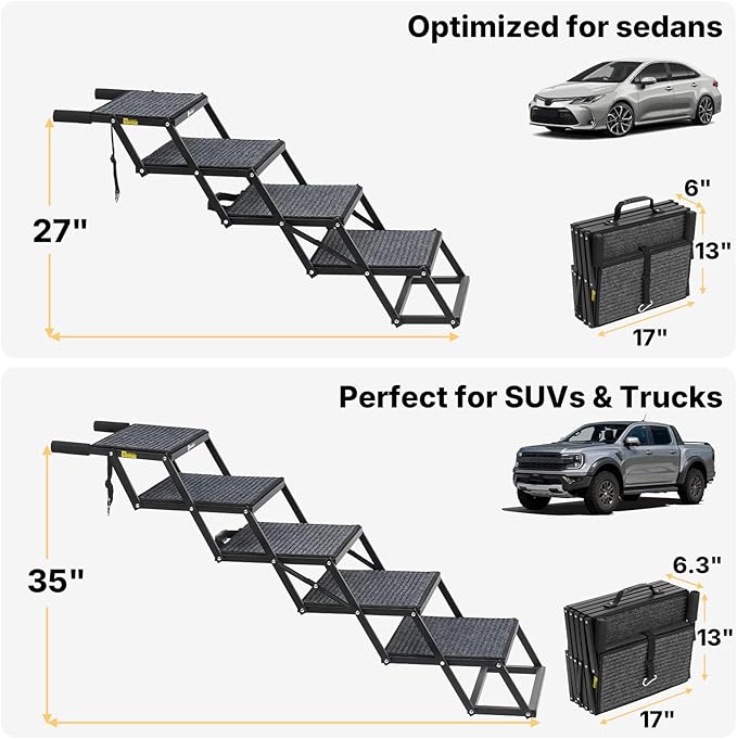 Veehoo Foldable Dog Steps for Car Truck, 4 Steps Collapsible Dog Stairs for Car Large Dogs 17" Wide, Heavy Duty Outdoor Pet Ramp Ladder Portable with Non Slip Surface for Dogs, Support up to 200 lbs