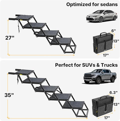 Veehoo Foldable Dog Steps for Car Truck, 4 Steps Collapsible Dog Stairs for Car Large Dogs 17" Wide, Heavy Duty Outdoor Pet Ramp Ladder Portable with Non Slip Surface for Dogs, Support up to 200 lbs