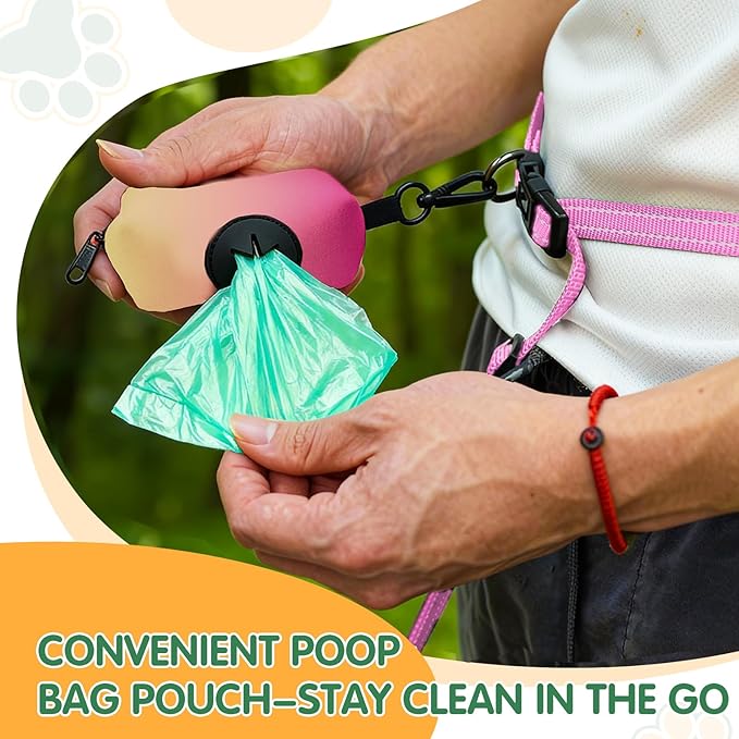 Kazazoo Hands-Free Dog Leash with Poop Bag Holder, Adjustable 4-7 Ft Waist for Dog Walking, Running for Small & Medium Dogs with Reflective Strips, Nylon Waist Belt, Pink