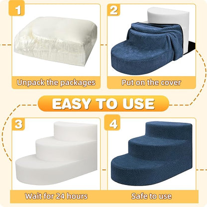 Dog Stairs for Small Dogs, Foam Steps for Small Dogs & Cats, 3 Steps Dog Ramp for High Beds, Couch, Window, Sofa, Pet Stairs with Removable Washable Cover, Non-Slip Sturdy Pet Steps, Navy Blue