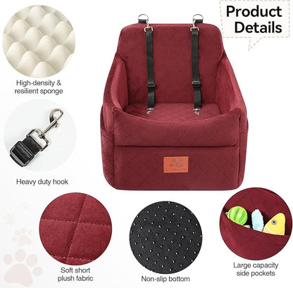 GL GLENSLAVE Dog Car Seat for Small/Medium Dogs, Dog Booster Car Seats with Thick Cushion for Dogs Under 35lbs, Detachable Washable Pet Carseat with Storage Pockets, 2 Safety Belts(Red)