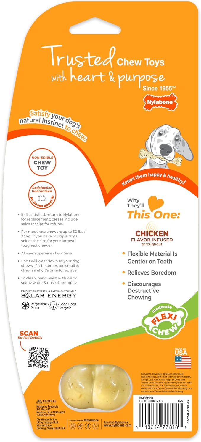 Nylabone Original Bone Flexi Chew Toy for Dogs, Flexible Dog Toys for Moderate Chewers, Chicken Flavor, Large/Giant, 1 Count