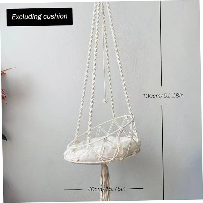 Macrame Cat Hammock with Tassel & Roped Ball, Boho Tilted Swing Bed for Indoor Cats/16x51 Inch