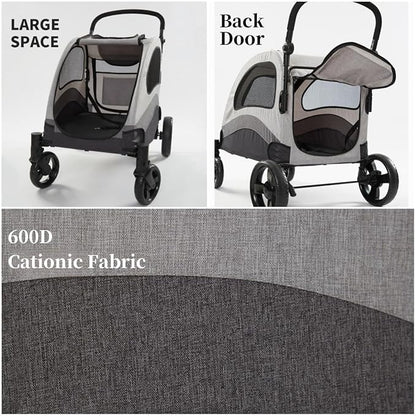 XL Extra Large Dog Stroller, All-Terrain 4 Wheel for 2 Medium Dogs, One-Click Foldable, Adjustable Handles, Dual Entry Safety Dog Stroller, Capacity 88lbs (Gray)