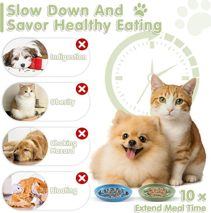 Cat Slow Feeder Bowl Set - 2 Pcs Pastel Series Cat Plate for Dry and Wet Food - Cute Maze Feeder Dish for Healthy Eating- Slow Feeding Bowls Whisker Friendly - Dishwasher Safe (Blue and Green)