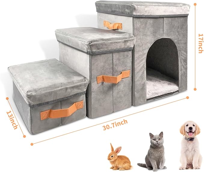 Dayard Dog Stairs with Storage, Foldable Dog Steps for Sofa High Beds, Portable Pet Storage Stepper for Small Pets Dogs Cats, 3 Steps Grey