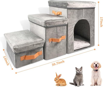Dayard Dog Stairs with Storage, Foldable Dog Steps for Sofa High Beds, Portable Pet Storage Stepper for Small Pets Dogs Cats, 3 Steps Grey