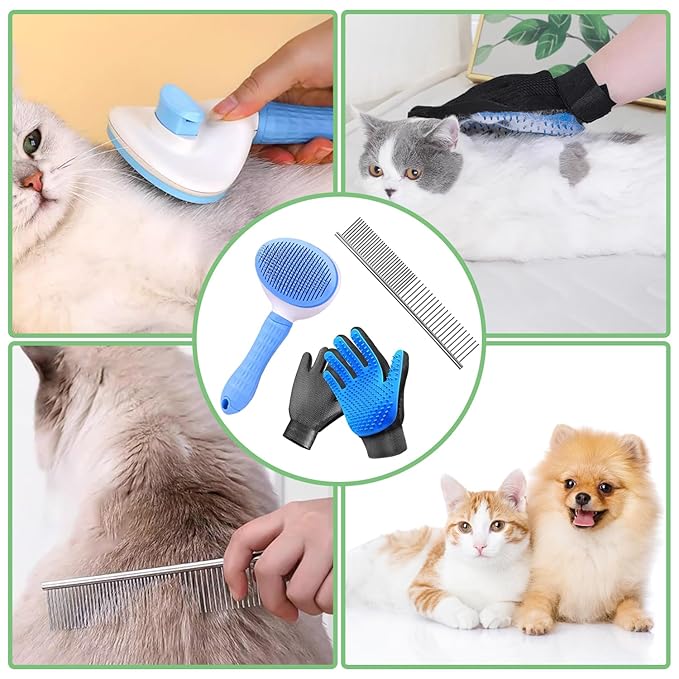 Dog & Cat Brush,Pet Grooming Kit 4PCS- Dog Brush for Shedding| A Pair Pet Hair Removal Gloves| Metal Comb for dog.Removes Undercoat, Tangled, Dirt and Massages. All hair Types