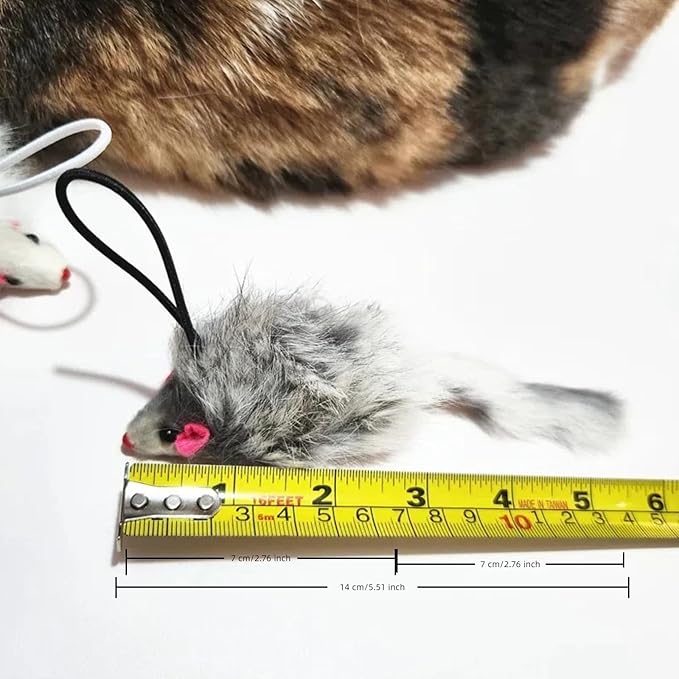 Real Rabbit Fur Interactive Cat Toy Mouse, 5.5" Extra Large Durable Squeaky Toys with Long Tail, Crinkle Sound & Hanging Rope, Self-Play Toys for Indoor Cats (5 Pack Grey/White Color)