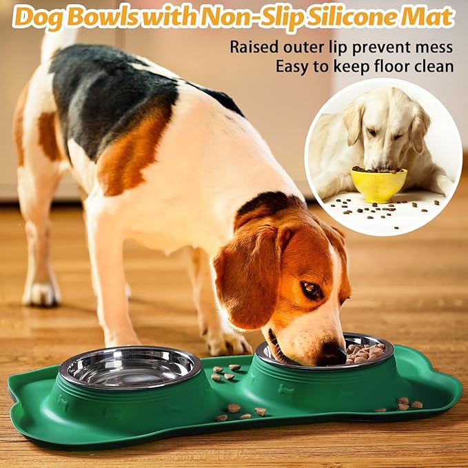 Hubulk Pet Dog Bowls 2 Stainless Steel Dog Bowl with No Spill Non-Skid Silicone Mat + Pet Food Scoop Water and Food Feeder Bowls for Feeding Small Medium Large Dogs Cats Puppies (X- L, Huntergreen)