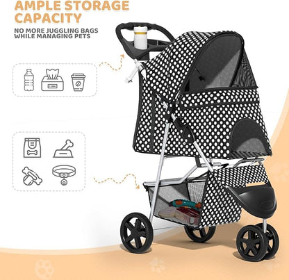 Magshion 3-Wheel Pet Stroller, Foldable Travel Jogger for Small & Medium Dogs & Cats (Up to 33lbs), Lightweight Carrier with Breathable Mesh Cover, Cup Holder & Storage Basket, Black Polka Dots