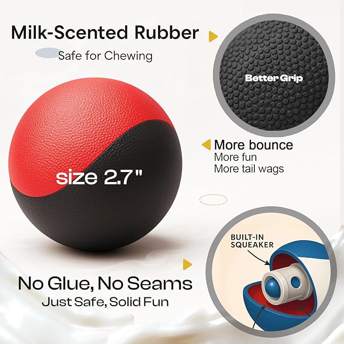 Squeaky Dog Toy – Durable Rubber Dog Ball for Medium & Large Dogs, Tough Interactive Fetch Toy for Chewers, Outdoor Training & Play Ball, Floating Water Play Gift.Red Black