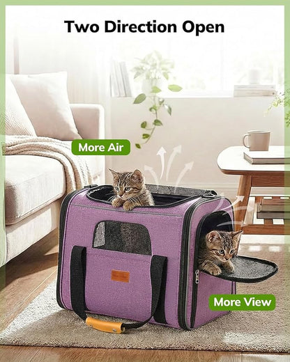 Morpilot Pet Travel Carrier Bag, Soft-Sided Dog Carrier Cat Carrier Pet Carrier, for Large Cats and Medium Puppies up to 25lbs, with Locking Safety Zippers, Foldable Bowl (Purple)